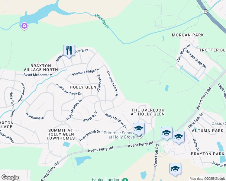 map of restaurants, bars, coffee shops, grocery stores, and more near 104 Arch Bay Court in Holly Springs
