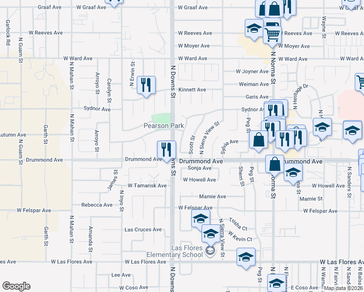 map of restaurants, bars, coffee shops, grocery stores, and more near 921 Hurschell Avenue in Ridgecrest