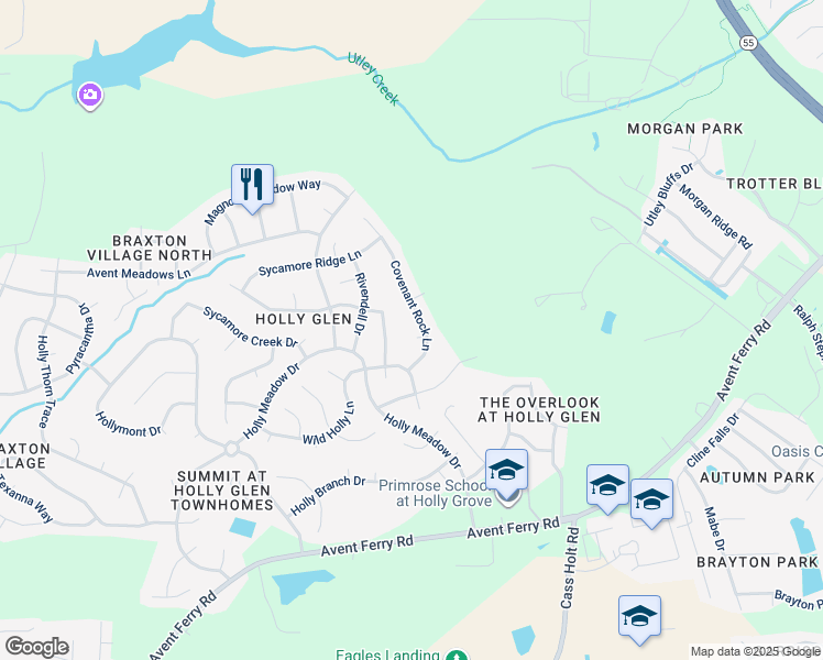 map of restaurants, bars, coffee shops, grocery stores, and more near 104 Arch Bay Court in Holly Springs