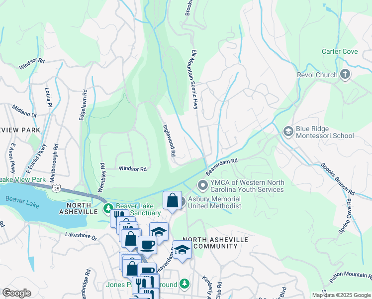 map of restaurants, bars, coffee shops, grocery stores, and more near 6 Wisteria Drive in Asheville