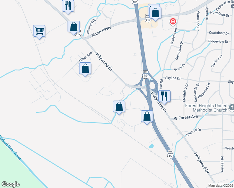 map of restaurants, bars, coffee shops, grocery stores, and more near 55 Camelot Cove in Jackson