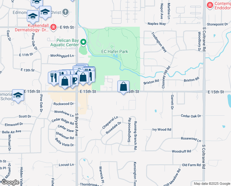 map of restaurants, bars, coffee shops, grocery stores, and more near 1909 East 15th Street in Edmond