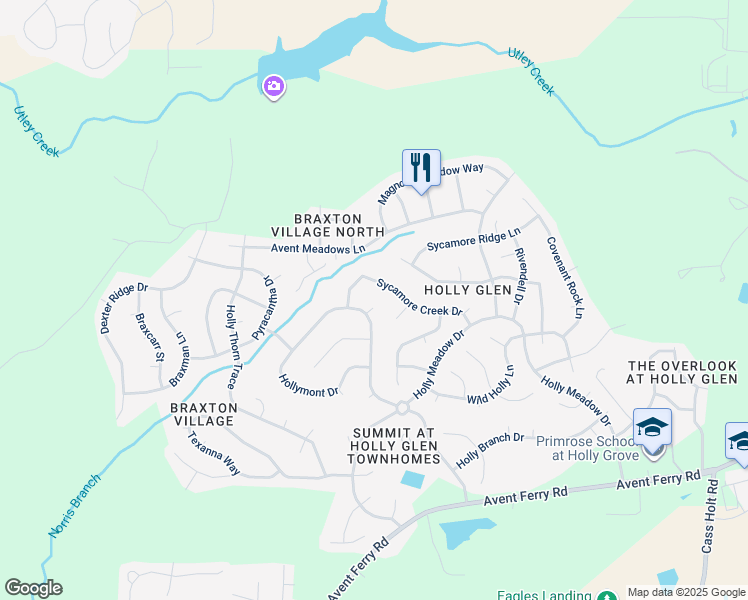 map of restaurants, bars, coffee shops, grocery stores, and more near 104 Scots Pine Court in Holly Springs