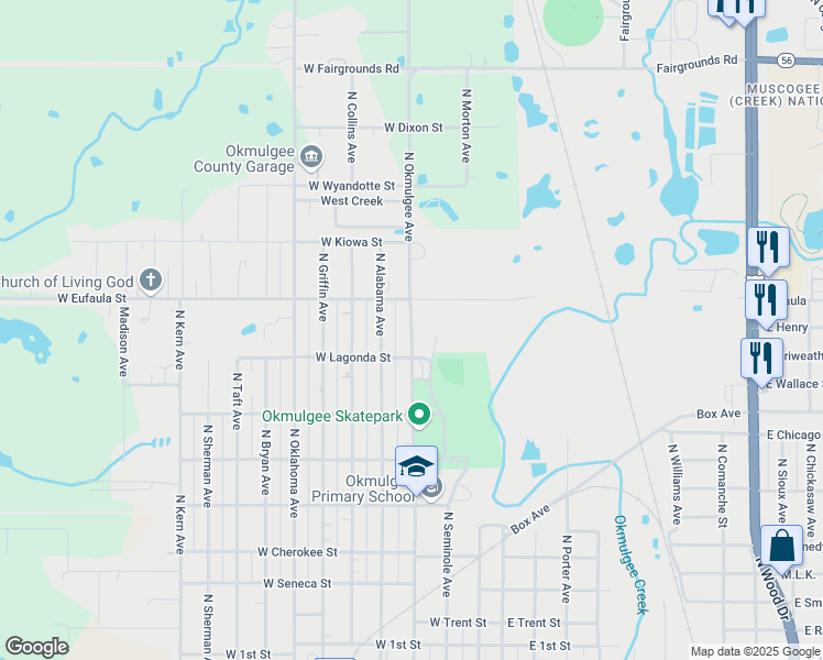 map of restaurants, bars, coffee shops, grocery stores, and more near North Okmulgee Avenue in Okmulgee