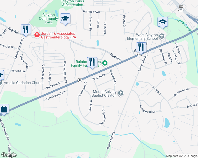 map of restaurants, bars, coffee shops, grocery stores, and more near 208 Wexford Drive in Clayton