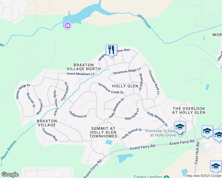 map of restaurants, bars, coffee shops, grocery stores, and more near 212 Sycamore Creek Drive in Holly Springs