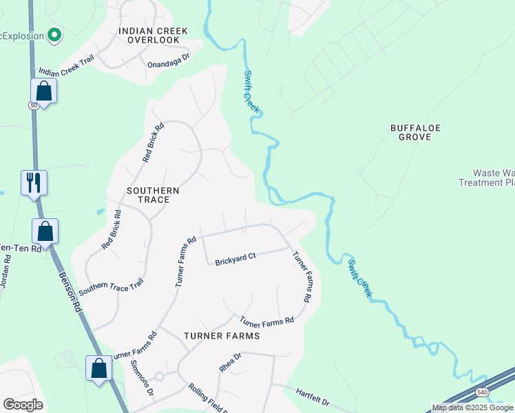 map of restaurants, bars, coffee shops, grocery stores, and more near 5405 Massengill Court in Garner