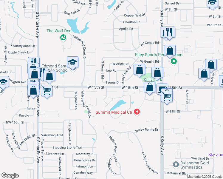 map of restaurants, bars, coffee shops, grocery stores, and more near 1421 Wood Duck Drive in Edmond