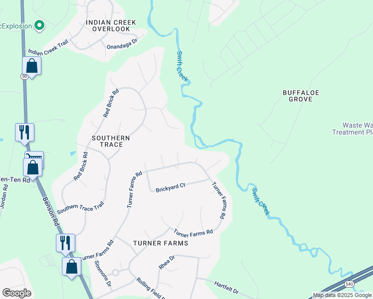 map of restaurants, bars, coffee shops, grocery stores, and more near 5405 Massengill Court in Garner