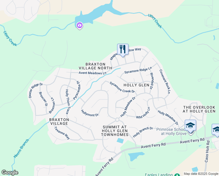 map of restaurants, bars, coffee shops, grocery stores, and more near 104 Scots Pine Court in Holly Springs