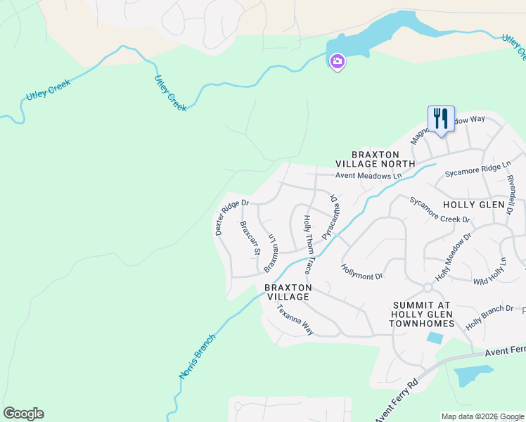 map of restaurants, bars, coffee shops, grocery stores, and more near 105 Braxman Lane in Holly Springs