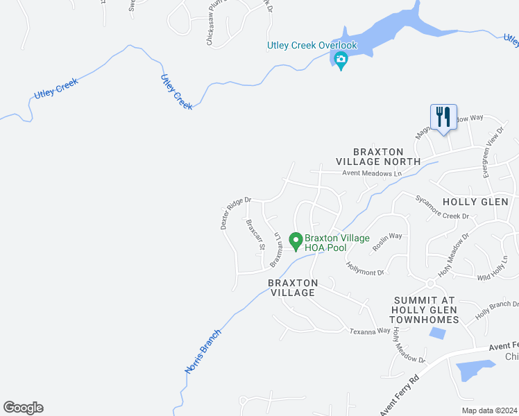 map of restaurants, bars, coffee shops, grocery stores, and more near 104 Braxman Lane in Holly Springs