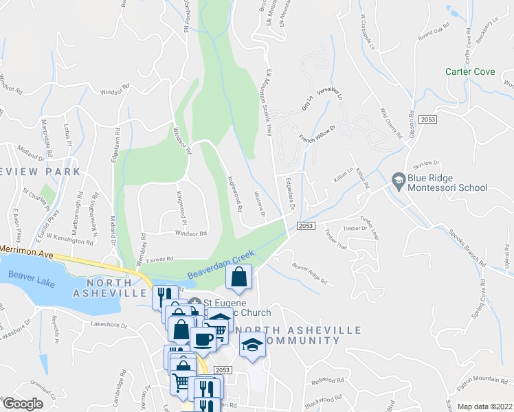 map of restaurants, bars, coffee shops, grocery stores, and more near 6 Wisteria Drive in Asheville