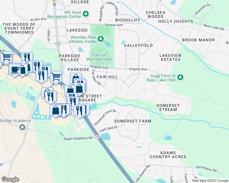 map of restaurants, bars, coffee shops, grocery stores, and more near 417 Fair Glen Road in Holly Springs