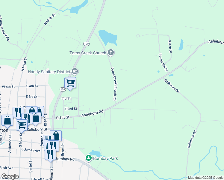 map of restaurants, bars, coffee shops, grocery stores, and more near 618 Toms Creek Church Road in Denton
