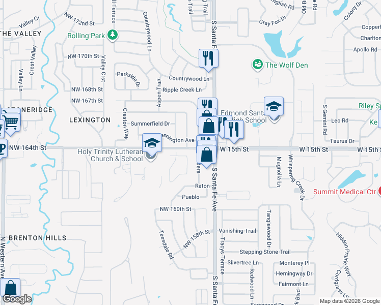 map of restaurants, bars, coffee shops, grocery stores, and more near 101 Taos in Edmond