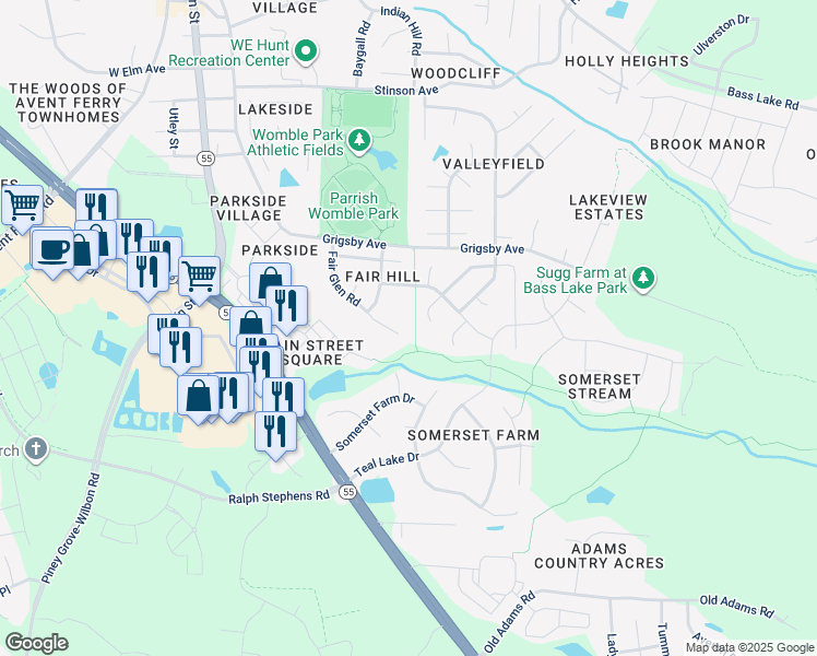map of restaurants, bars, coffee shops, grocery stores, and more near 417 Fair Glen Road in Holly Springs