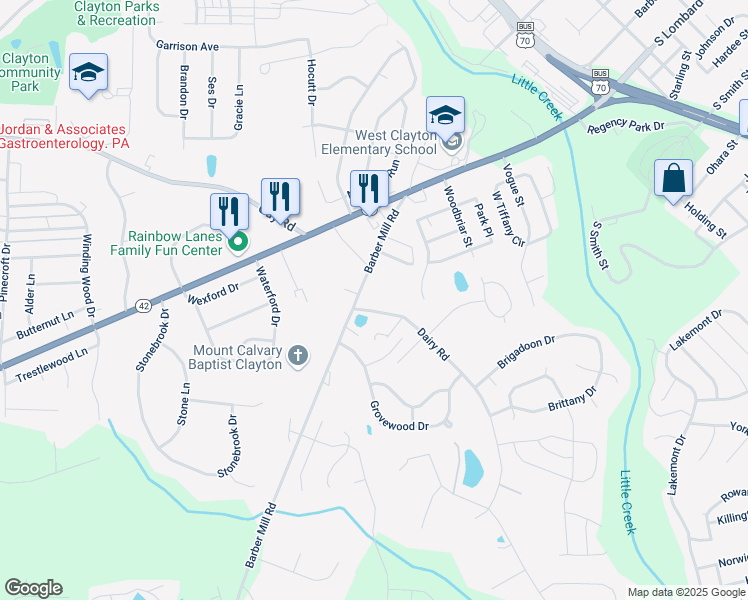 map of restaurants, bars, coffee shops, grocery stores, and more near 5400 Barber Mill Road in Clayton