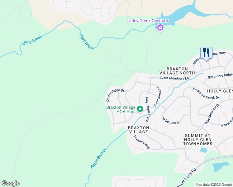 map of restaurants, bars, coffee shops, grocery stores, and more near 408 Braxcarr Street in Holly Springs