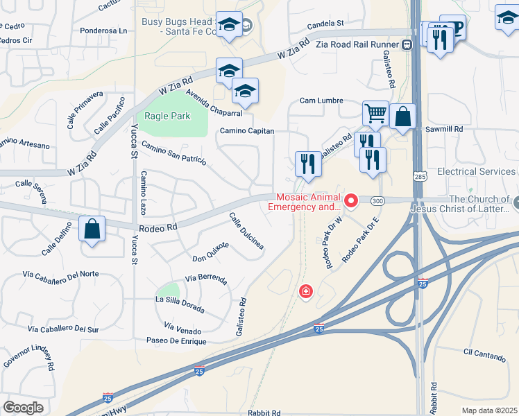 map of restaurants, bars, coffee shops, grocery stores, and more near 2800 Calle Calmo in Santa Fe