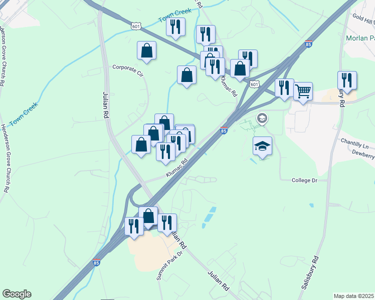 map of restaurants, bars, coffee shops, grocery stores, and more near 1303 Klumac Road in Salisbury