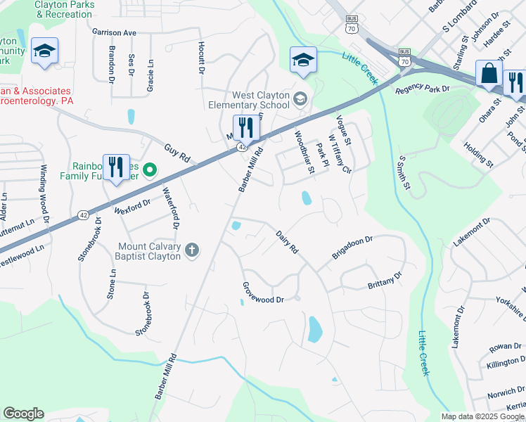 map of restaurants, bars, coffee shops, grocery stores, and more near 5400 Barber Mill Road in Clayton