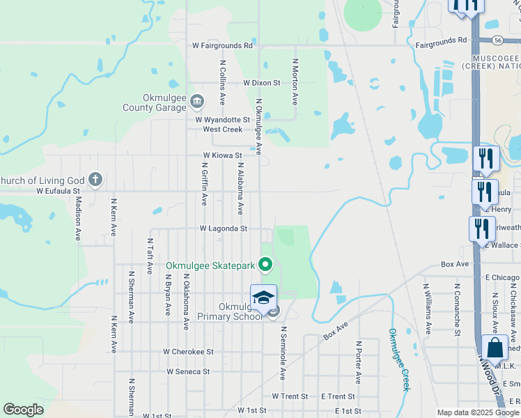 map of restaurants, bars, coffee shops, grocery stores, and more near North Okmulgee Avenue in Okmulgee