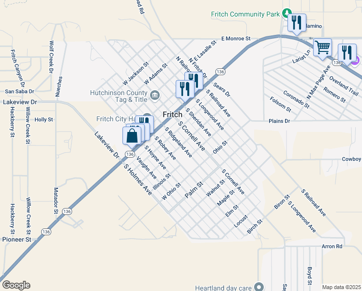 map of restaurants, bars, coffee shops, grocery stores, and more near West Wisconsin Street in Fritch