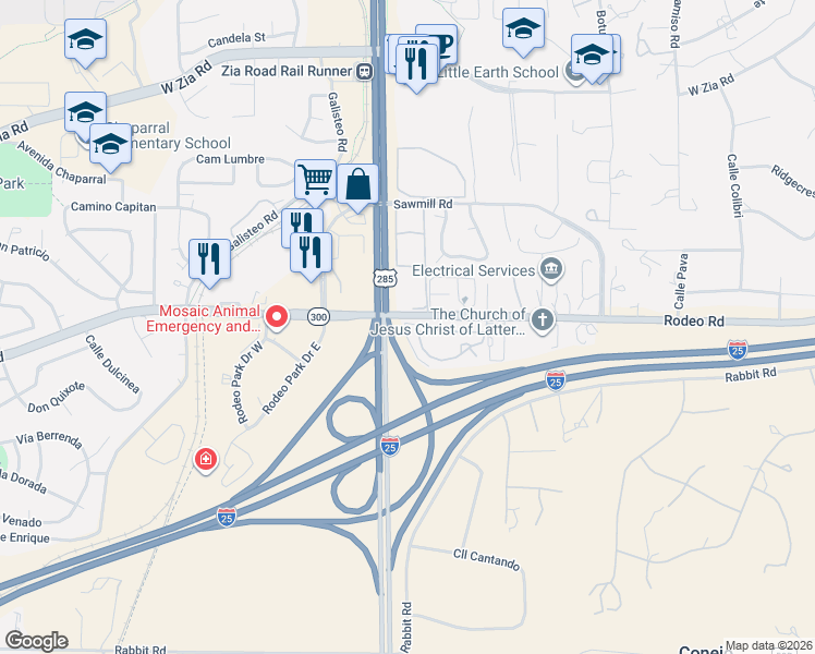 map of restaurants, bars, coffee shops, grocery stores, and more near 543 Rodeo Road in Santa Fe