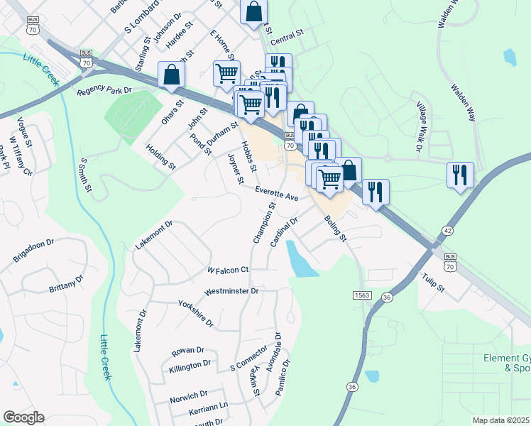 map of restaurants, bars, coffee shops, grocery stores, and more near 411 Champion Street in Clayton