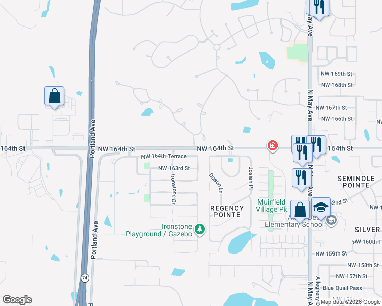map of restaurants, bars, coffee shops, grocery stores, and more near 16424 Iron Ridge Road in Edmond