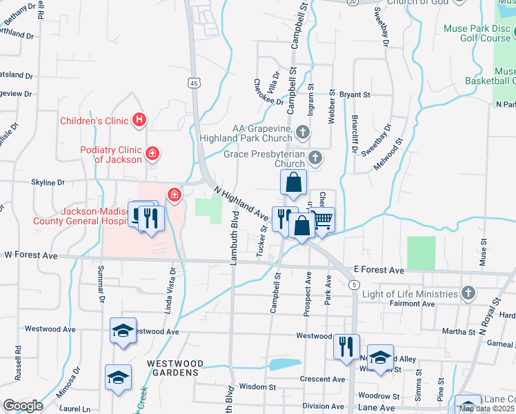 map of restaurants, bars, coffee shops, grocery stores, and more near 1420 North Highland Avenue in Jackson