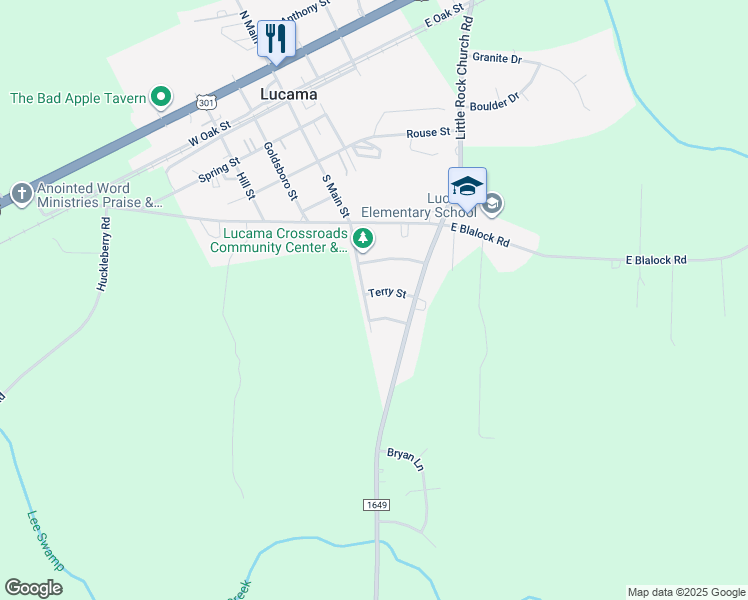 map of restaurants, bars, coffee shops, grocery stores, and more near 100 Terry Street in Lucama