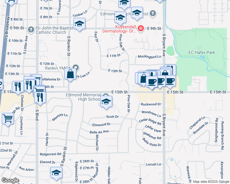 map of restaurants, bars, coffee shops, grocery stores, and more near 1000 East 15th Street in Edmond
