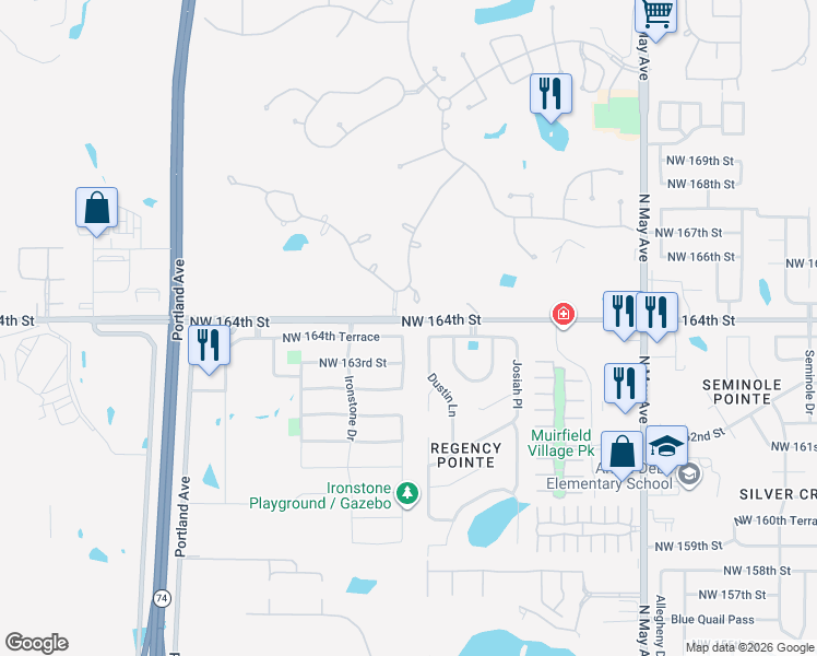 map of restaurants, bars, coffee shops, grocery stores, and more near 16424 Iron Ridge Road in Edmond