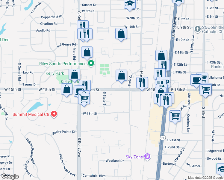 map of restaurants, bars, coffee shops, grocery stores, and more near 415 West 15th Street in Edmond