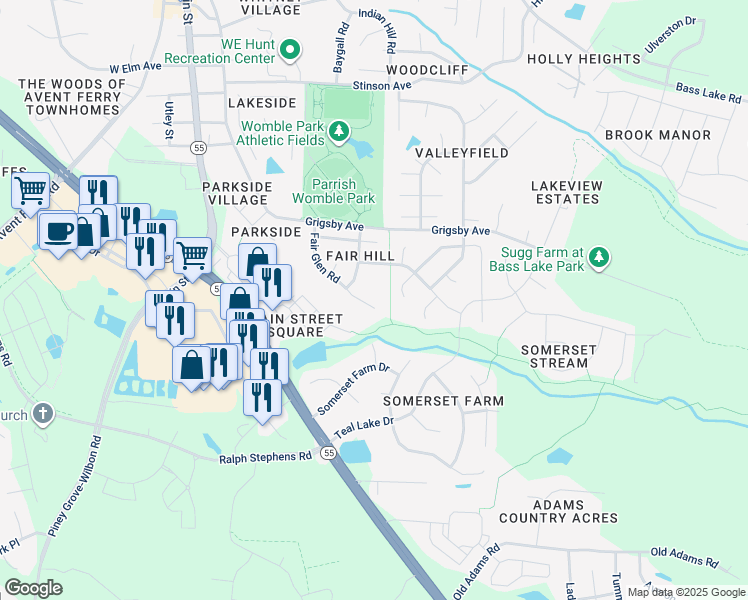 map of restaurants, bars, coffee shops, grocery stores, and more near 409 Fair Glen Road in Holly Springs