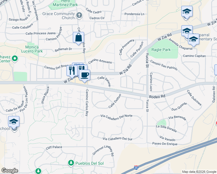 map of restaurants, bars, coffee shops, grocery stores, and more near 2700 Calle Serena in Santa Fe