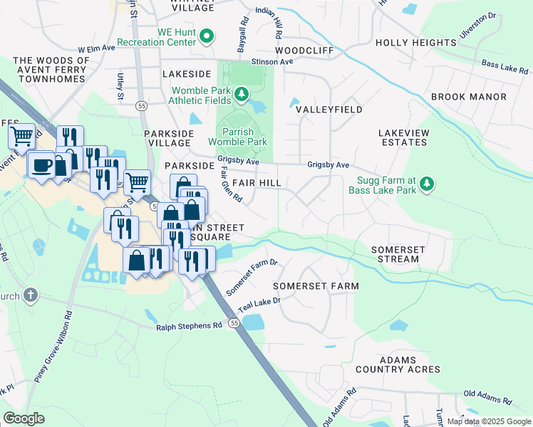 map of restaurants, bars, coffee shops, grocery stores, and more near 409 Fair Glen Road in Holly Springs