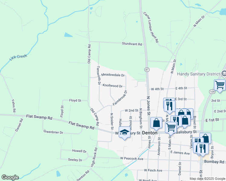 map of restaurants, bars, coffee shops, grocery stores, and more near 117 Huntington Drive in Denton