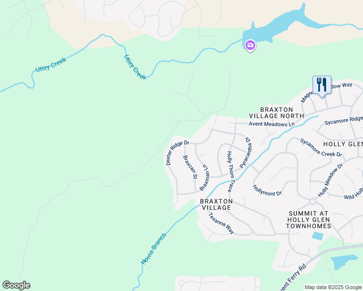 map of restaurants, bars, coffee shops, grocery stores, and more near 412 Braxcarr Street in Holly Springs
