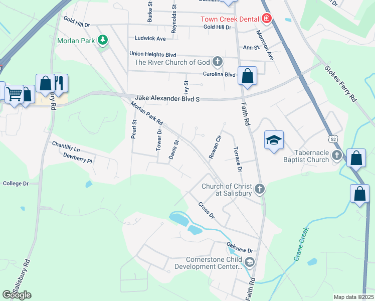 map of restaurants, bars, coffee shops, grocery stores, and more near 1105 Davis Street in Salisbury