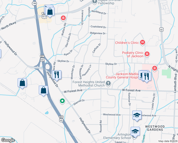 map of restaurants, bars, coffee shops, grocery stores, and more near 43 Harmony Lane in Jackson