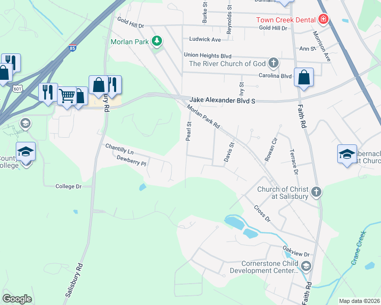 map of restaurants, bars, coffee shops, grocery stores, and more near 406 Kincaid Road in Salisbury