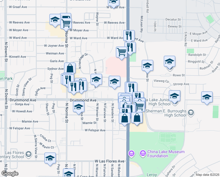 map of restaurants, bars, coffee shops, grocery stores, and more near 140 Drummond Avenue in Ridgecrest