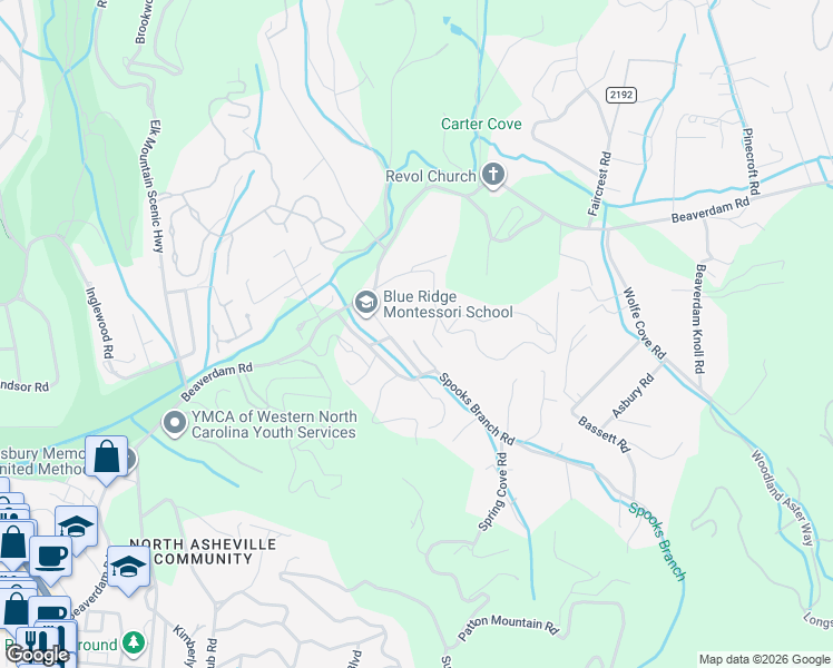 map of restaurants, bars, coffee shops, grocery stores, and more near 54 Spooks Branch Road in Asheville
