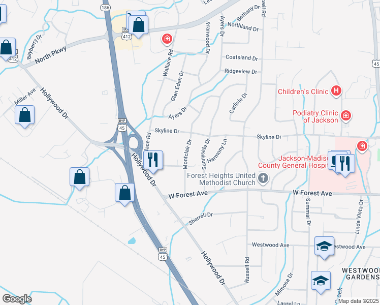 map of restaurants, bars, coffee shops, grocery stores, and more near 93 Montclair Drive in Jackson