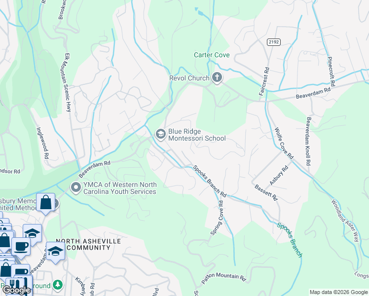 map of restaurants, bars, coffee shops, grocery stores, and more near 54 Spooks Branch Road in Asheville