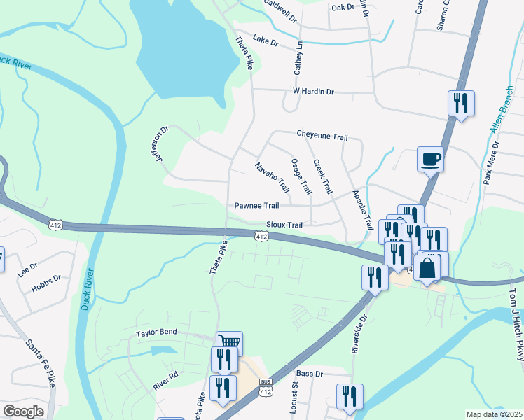 map of restaurants, bars, coffee shops, grocery stores, and more near 511 Pawnee Trail in Columbia