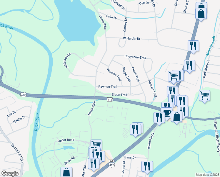 map of restaurants, bars, coffee shops, grocery stores, and more near 511 Pawnee Trail in Columbia